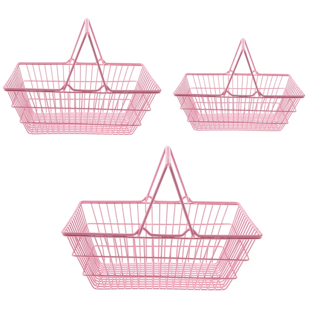 Kids Mini Metal Supermarket Shopping Basket for Kitchen Fruit Vegetable Food Grocery Storage Pretend Play Tools Toy Gifts Pink S 1