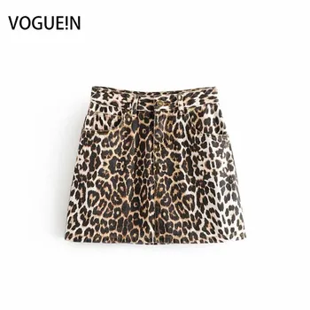 

VOGUEIN New Womens Fashion Sexy Animal Leopard Print Denim Pockets Midi Skirt Wholesale
