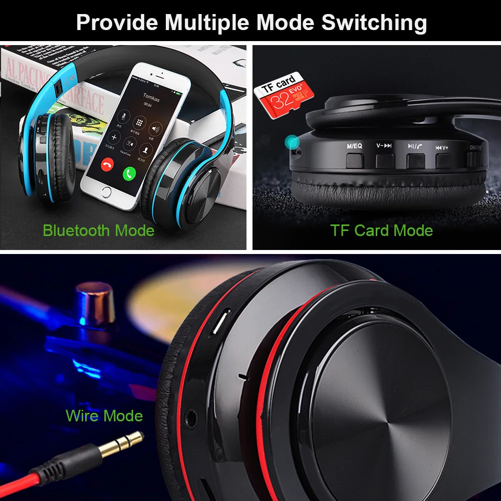 TOMKAS Bluetooth Earphone Headphone Wireless Stereo Earphones Foldable Headsets Adjustable Earbuds With Mic TF Card For Computer