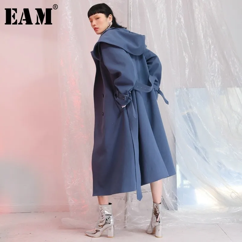 

[EAM] 2019 New AUtumn Winter Hooded Long Sleeve Blue Cuff Bandange Loose Big Size Long Windbreaker Women Coat Fashion JE6890