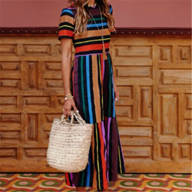 

New Trendy Women dress round neck striped casual Summer Short Sleeve Party Beach Polyester Dresses one pieces