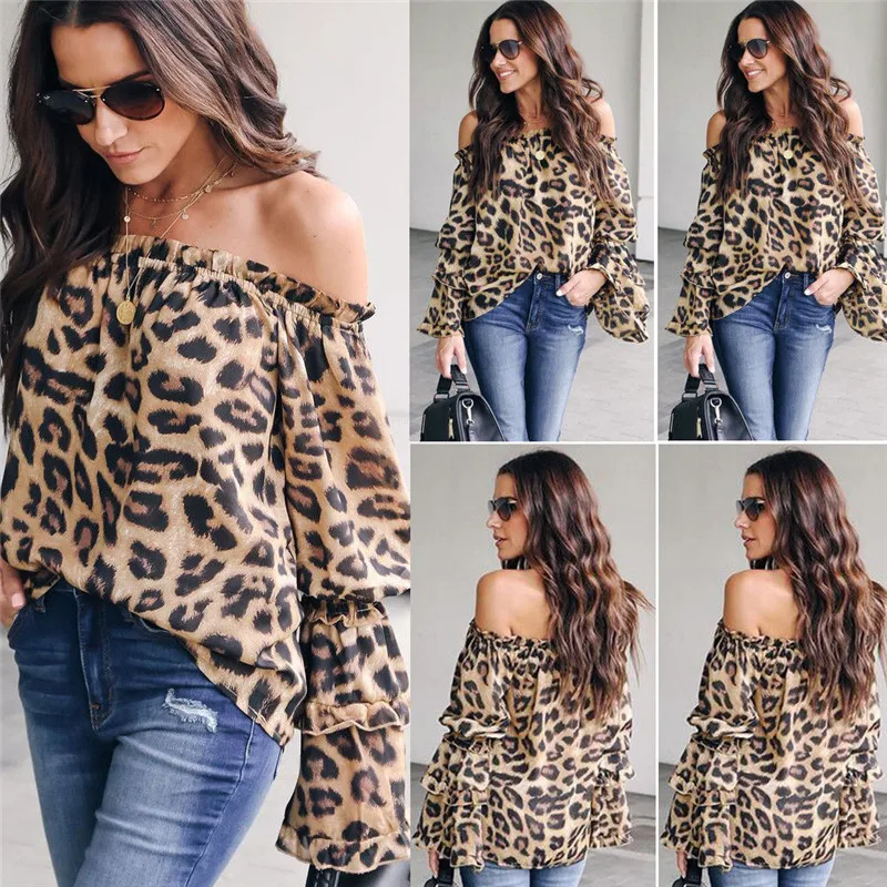 Модные повседневные свободные женские леопардовые топы с длинными рукавами, рубашка с открытыми плечами, пуловер, блузка, осенняя одежда