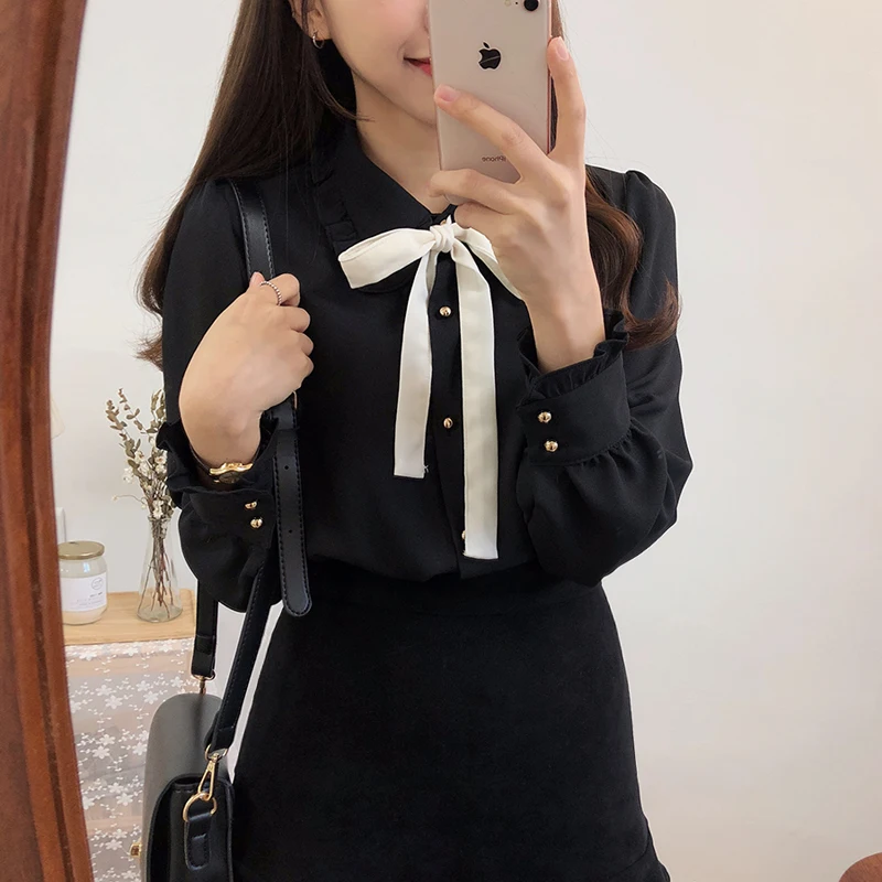 Chiffon Blouses Shirts New Hot Sales Preppy Style Girls Bow Tie Tops Cute Sweet Korean Temperament