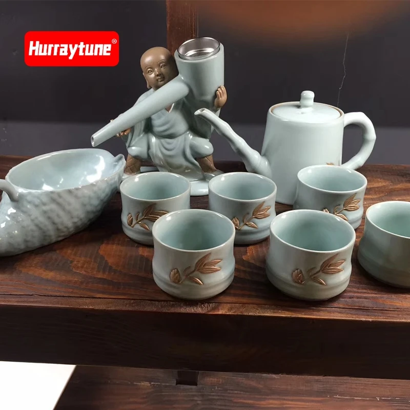 

2018 Limited New Hurraytune Package, Ru Kiln Tea Set, Handmade Teapot, Six Cup, Kung Fu Son Leak, Conch Handmade, Suit, Set