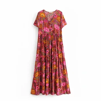 

Gypsy Daisy Floral Print Dress V-Neck Button Short Sleeve Summer Dresses Loose Casual Women Dress Boho Chic Beach Dresses