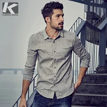 KUEGOU весенние мужские повседневные рубашки из хлопка и льна серого цвета, брендовая одежда, мужская облегающая одежда с длинным рукавом, мужские топы размера плюс 6160