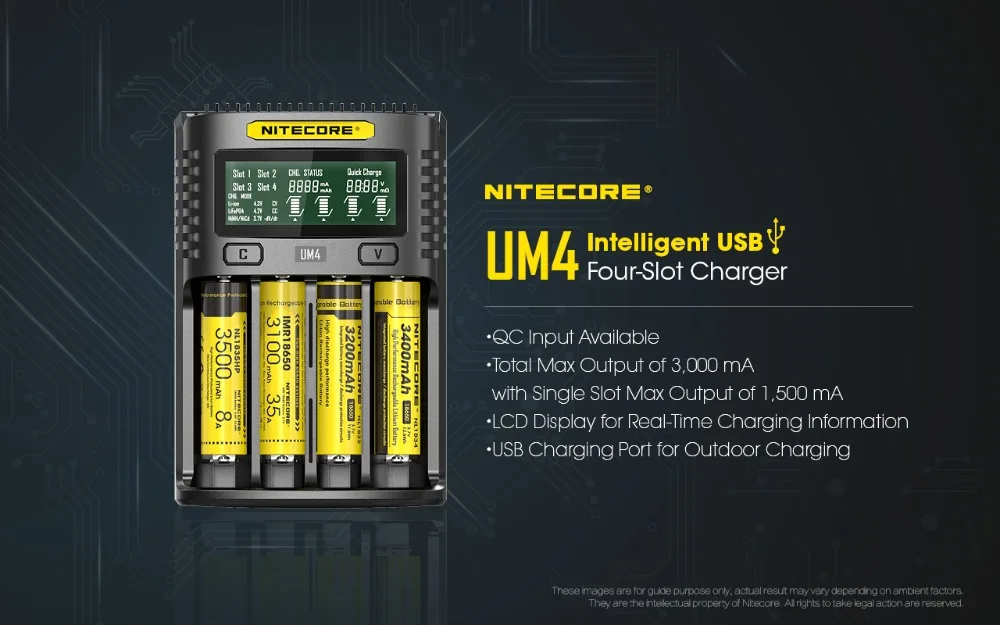 NITECORE UM4 Intelligent USB 4 Slot Charger LCD Display Multiple Input Sources Available for Li-ion/IMR/INR/ICR/LiFePO4 battery