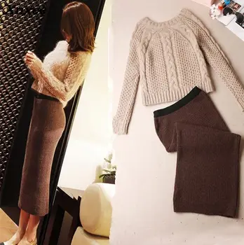 

Autumn winter kniting two piece sets handmade crochet sweater + long sections package hip skirt set suits elegant fashion suits