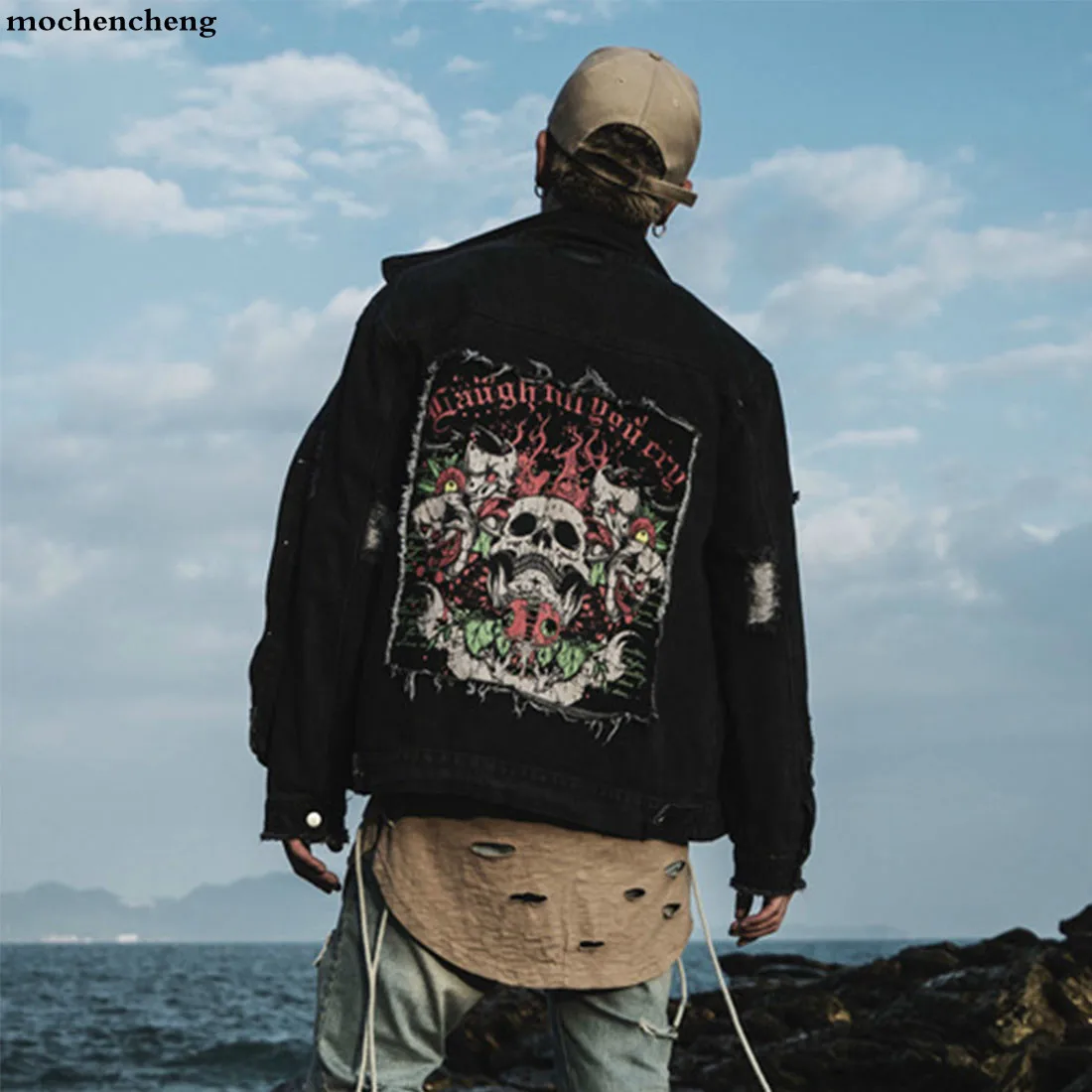 

Vintage Skulls Printed Patchwork Denim Mens Jean Jacket Coats Hip Hop Casual Denim Jackets Male Fashion Streetwear