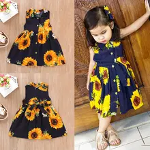 Платье для девочек с цветочным принтом; платье принцессы без рукавов с принтом подсолнуха для малышей; платье-пачка на пуговицах; Детские платья для девочек