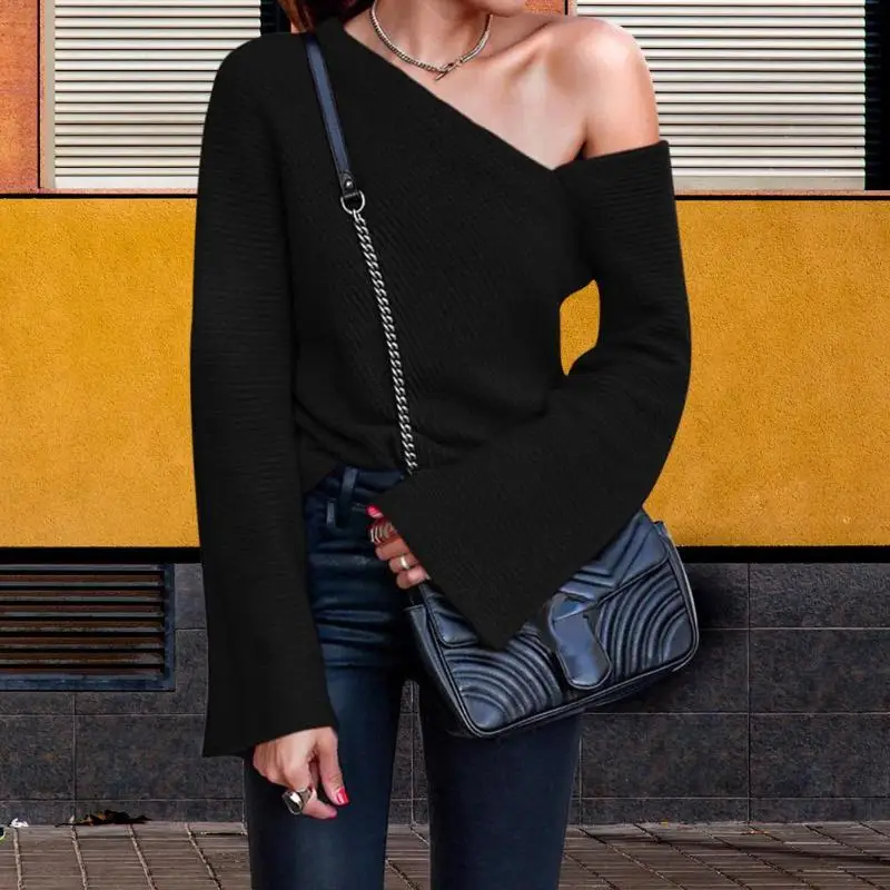 Сексуальные Вязаные Свитера на одно плечо женские с длинным рукавом Slim Fit Модные