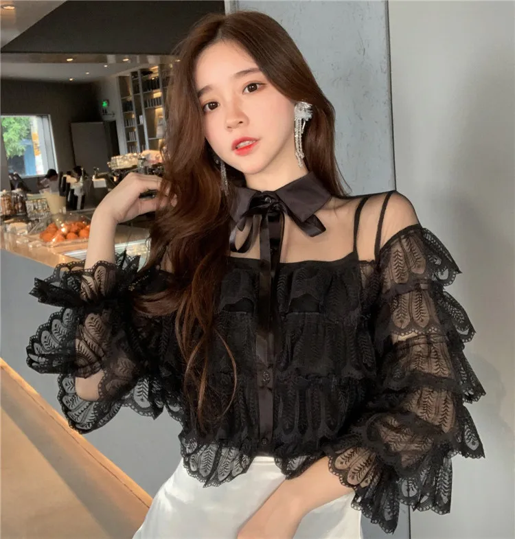  2019 Spring Girls Transparent Lace Blouses Shirts Tees Female Ruffles Sleeve Fairy Blouses Tops For