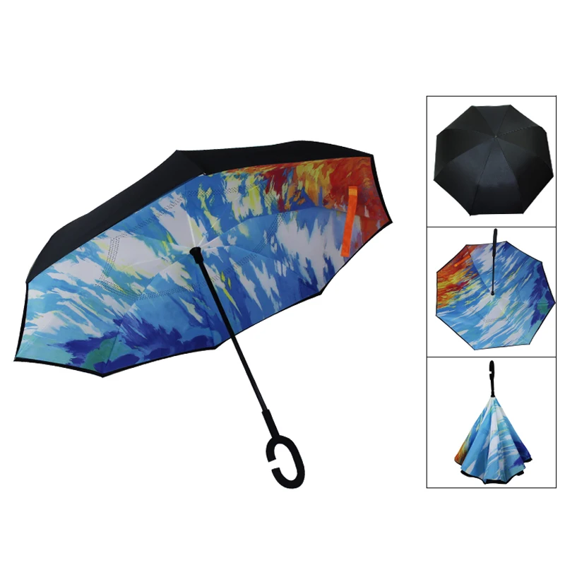 

Reverse Folding Double Layer Umbrella Windproof Inverted C-Hook Hands Rain Protection Umbrellas Women Anti UV Self Stand for Car