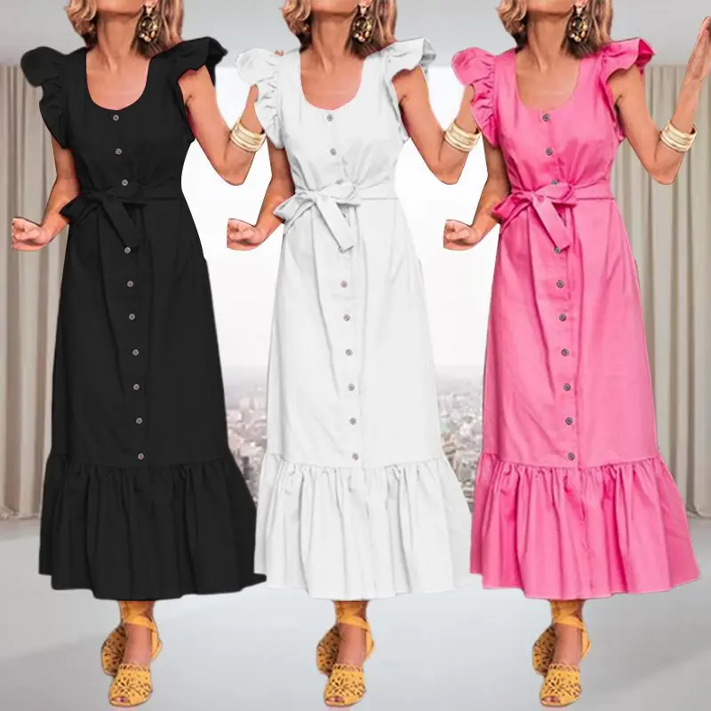 

2019 Celmia Women's Dress Casual Short Ruffle Sleeve Belted Buttons Pleated Elegant Party Dresses Maxi Long Vestidos Plus Size