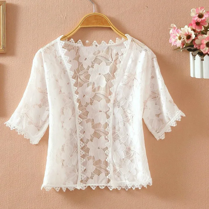 Summer Thin Lace White Shirt Women's Sunscreen Chiffon Blouse Short Sleeve Hollow Out Cardigan Tops Camisas Mujer 2019