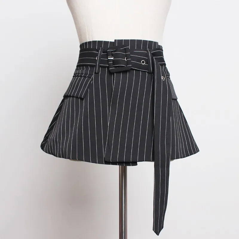 

[YaLee] New Fashion 2019 Spring Summer Square Pin Buckle Fake Pocket Long Belts Striped Splicing A-line Wide Girdle Women U319