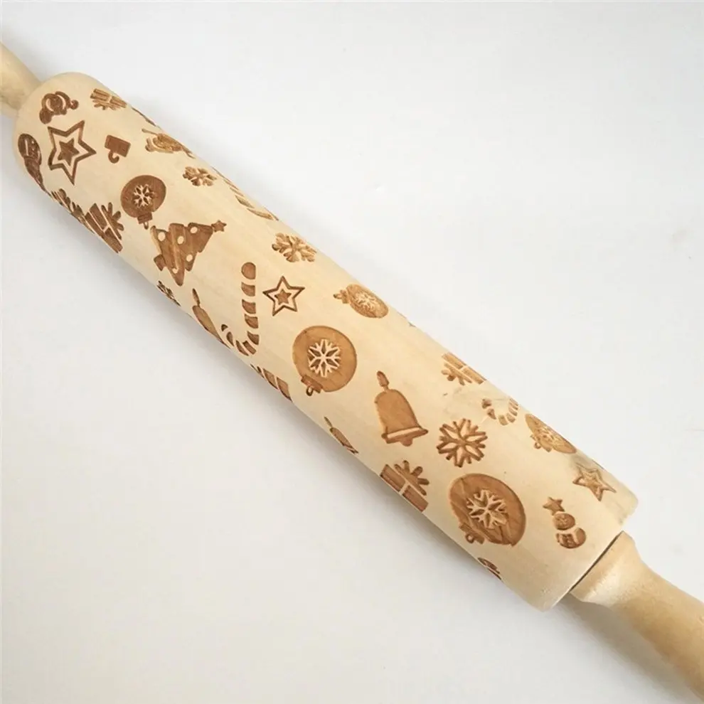 

Christmas Embossing Wooden Rolling Pin Fondant Cake Decoration Dough Roller Baking Cooking Tool Kitchen Gadgets Accessories