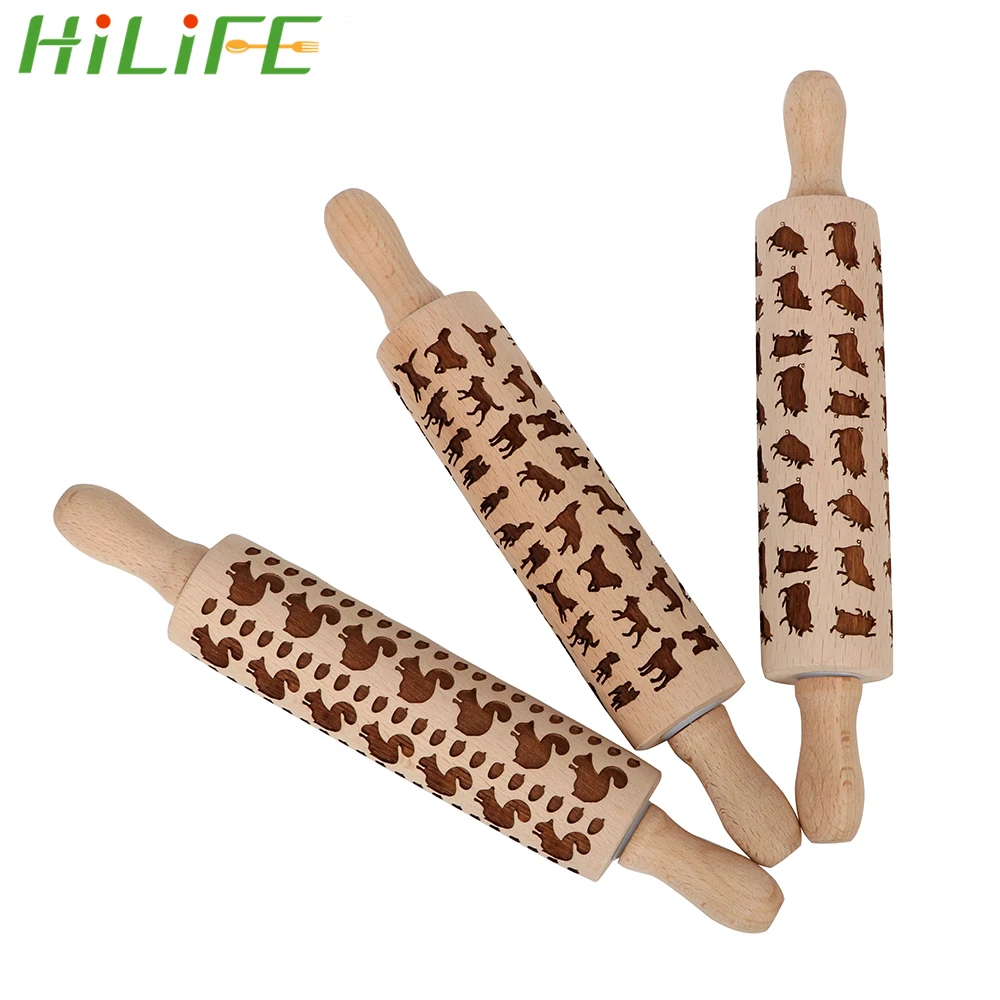 

HILIFE Fondant Cake Dough Roller Cooking Tools Non-stick Rolling pin Wooden Cookies Biscuit Embossing Squirrel Dog Pigy Pattern