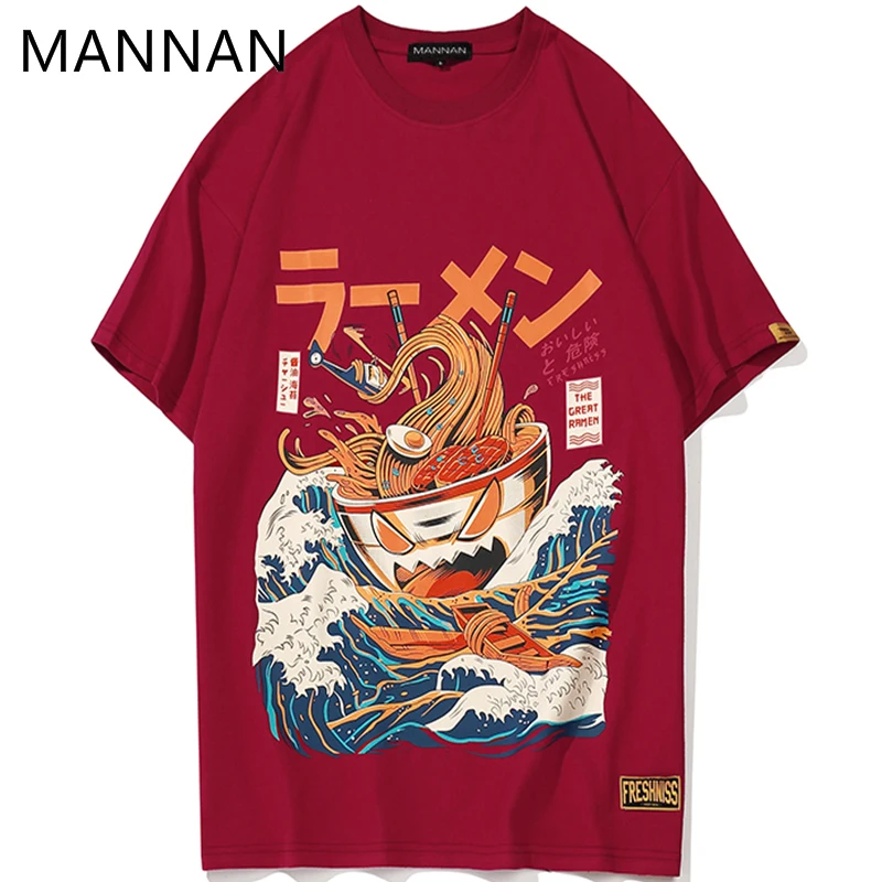 

MANNAN Japanese funny cartoon ramen cotton printed t shirt men 2018 summer hip hop fashion short sleeve streetwear t shirts