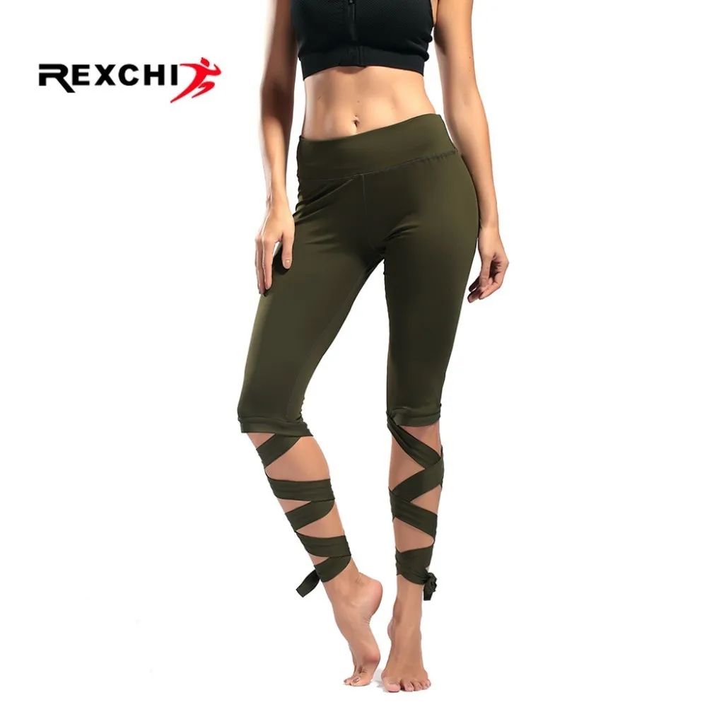 REXCHI Women Yoga Pants with Winding Strap High Waist Super Stretchy Seamless Foot Tights