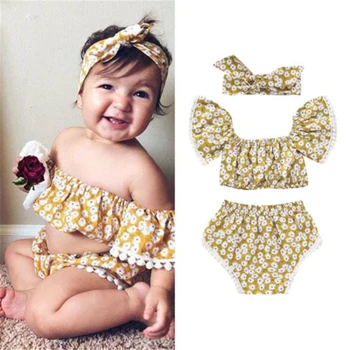 

3PCS Newborn Baby Girl Off Shoulder Tops+Shorts Pants+Headband Clothes New Boat Neck Short Top Short Pants Headband Summer Set