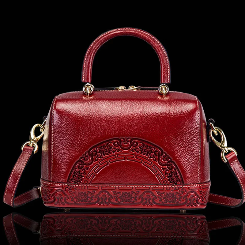 

Kajie Brand High Quality Chinese Style Genuine Leather Vintage Female Handbag Fashion Flower Pattern Boston Bag Women Totes