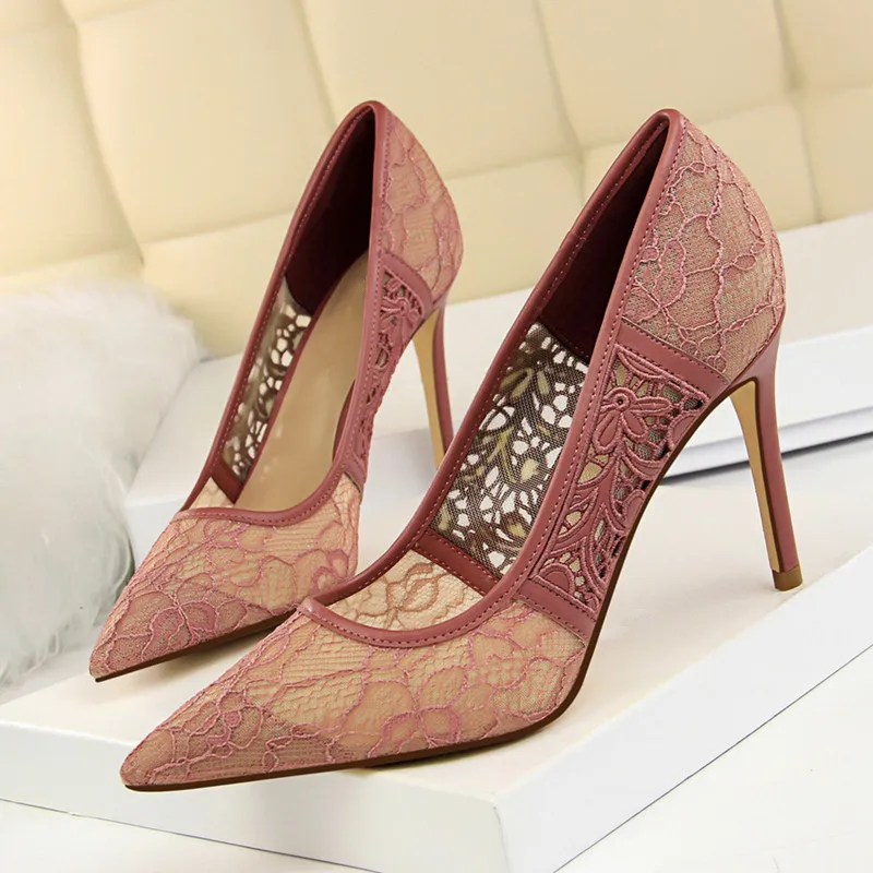 

Women Red Lace Pumps Women's Fashion High Heel Party Wedding Shoes Female Pointed Toe Woman Shoes Ladies Single Shoes DS-A0195