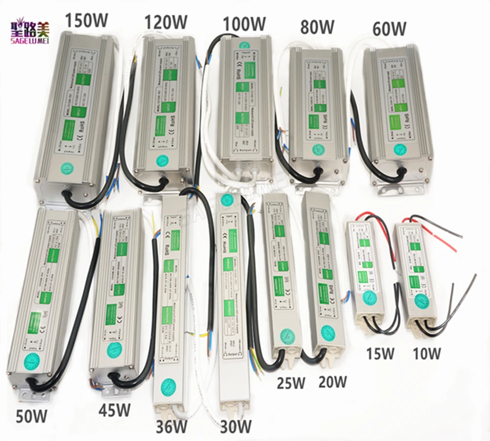 AC110V-220V 12 В постоянного тока блок питания 10 Вт 20 Вт 30 Вт 50 Вт 80 Вт 100 Вт IP67 Водонепроницаемый 24 В светодиодный электронный трансформатор из алюминиевого сплава