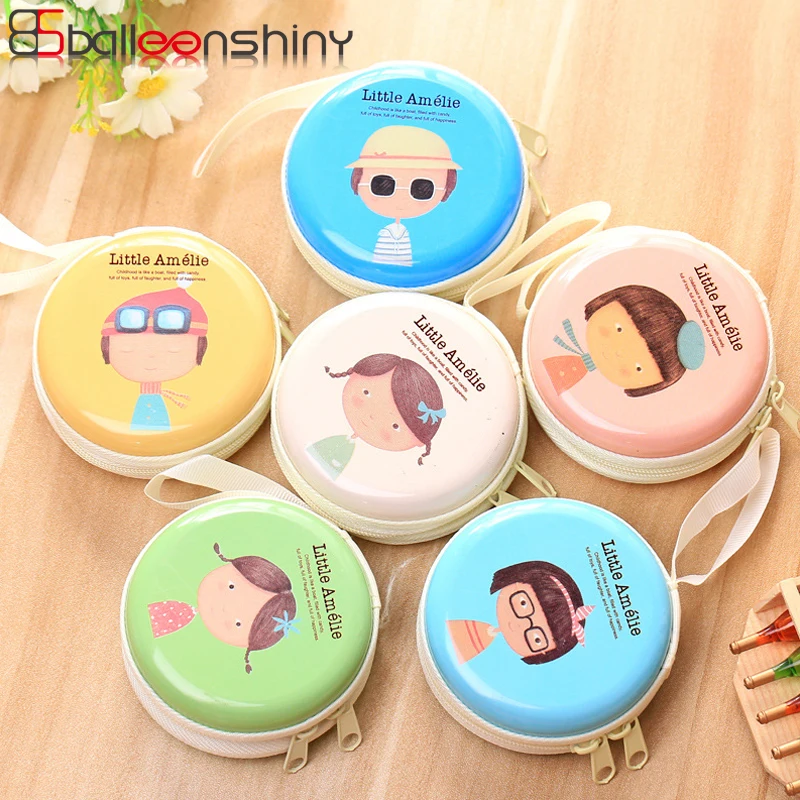 

BalleenShiny Tinplate Lovely Girl Coin Purse Round Earphone Keys Cards Jewelry Portable Organizer Travel Gadgets Outdoor Bags