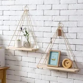 

2 Pcs Creative Flower Pot Storage Rack Hanging Rope Shelf Wooden Basket Wall Ornaments Home Decor Drop Shipping