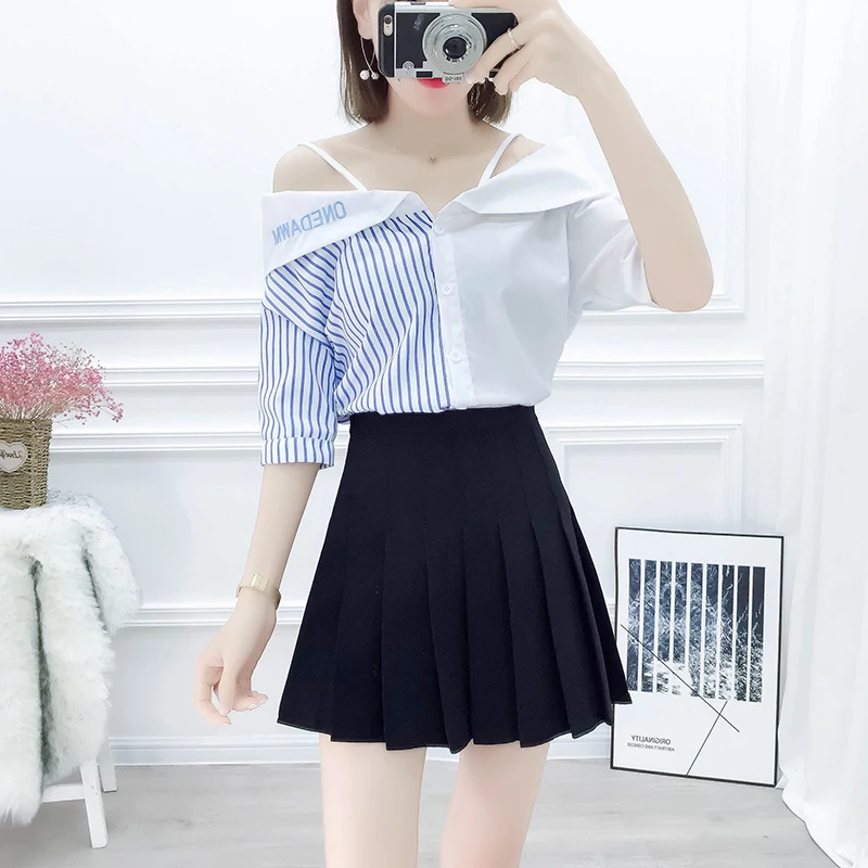 

2019 Summer Korean Fashion Women Suit Stripe Splicing Condole Belt Off-The-Shoulder Shirt & Pleated High Waist Black Skirt