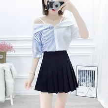 2019 Summer Korean Fashion Women Suit Stripe Splicing Condole Belt Off-The-Shoulder Shirt & Pleated High Waist Black Skirt off shoulder stripe pattern dress with waist belt