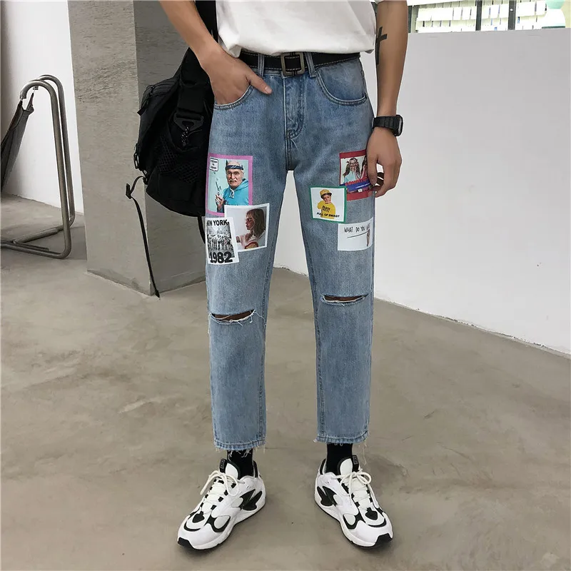 2019 Spring And Summer New Fashion Trend Korean Version Of The Couple Casual Hole Printing Nine 4