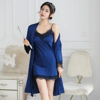 

Sexy Women Silk Robe Set Lace Robe and Spaghetti Strap Nighties Dress Full Sleeve Sleep Wear Set