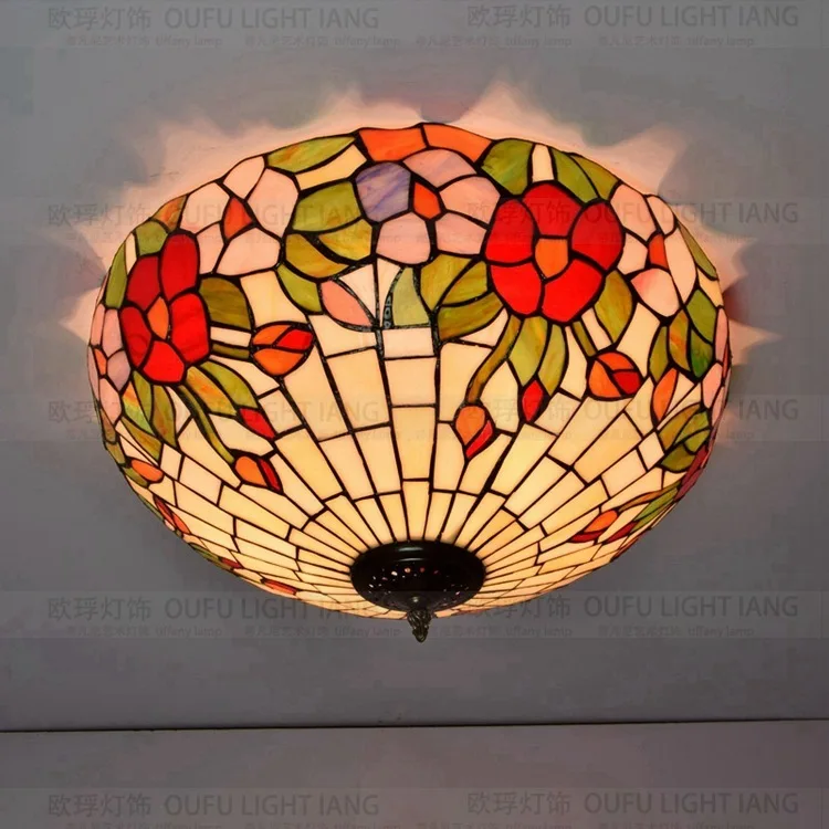 

16 Inch Flesh Country Flowers Tiffany Pendant Light Stained Glass Lamp For Bedroom E27 110-240v