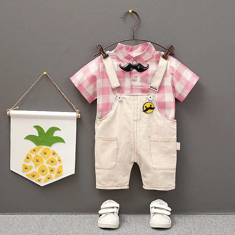 Summer Fashion Boys Girls Infant Clothes gentleman Plaid T-Shirt Bib Pants 2pcs/Sets Cotton Clothing Children Casual Baby suits