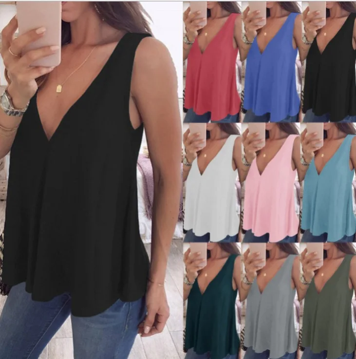 

Summer Tank Tops Tees 2019 Women Sleeveless Casual Vest Tank Solid V-neck Loose Chiffon Tanks Top Sexy camisetas mujer Plus Size