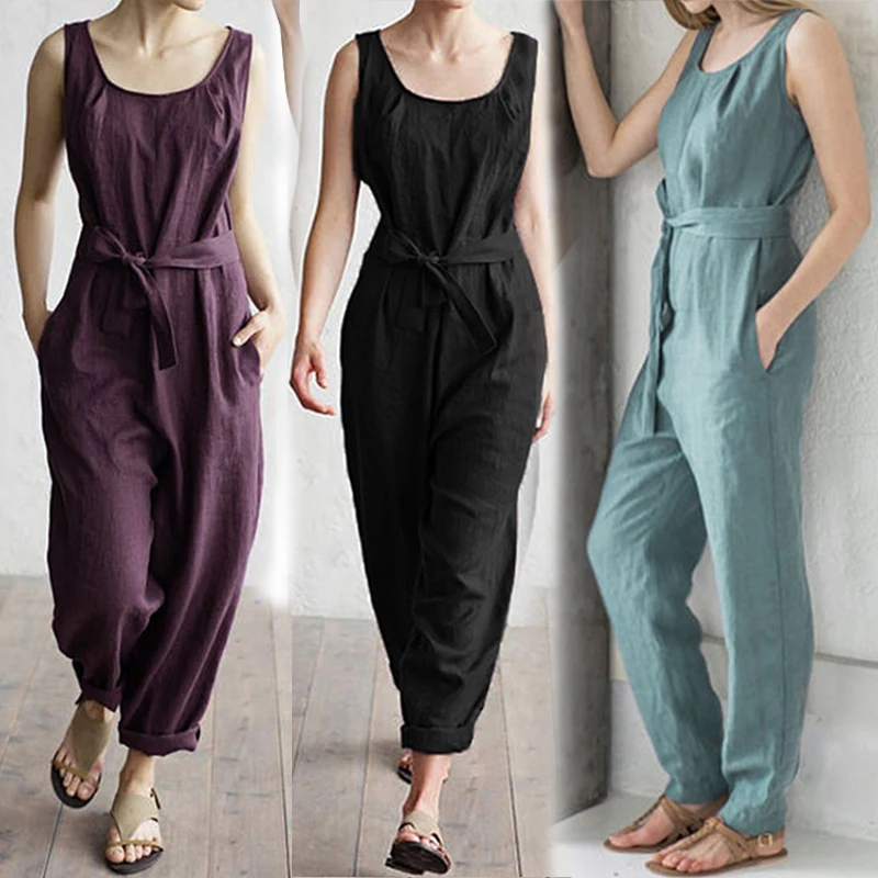 

Women Plus Size Jumpsuit Summer Sleeveless Rompers Elegant Self Belted High Waist Playsuit Casual Overalls For Women Jumpsuit