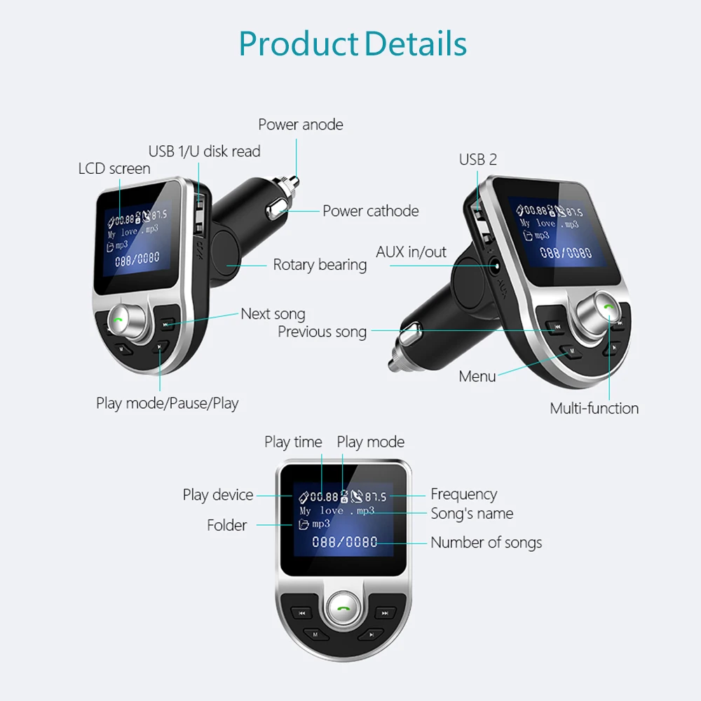Bluetooth FM передатчик Автомобильный MP3 плеер 3.1A USB зарядное устройство Поддержка tf