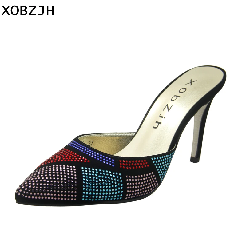 

Summer Women Sandals Pointed Toe Slion-on Shallow Genuine Leather Black High Heel Women Wedding Party Pumps Ladies Shoes XOBZJH