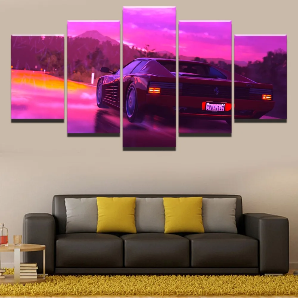 

Modern Wall Art Modular Pictures HD Printed 5 Pieces Retro Wave Red Sport Car Poster Canvas Painting Home Decor Framework