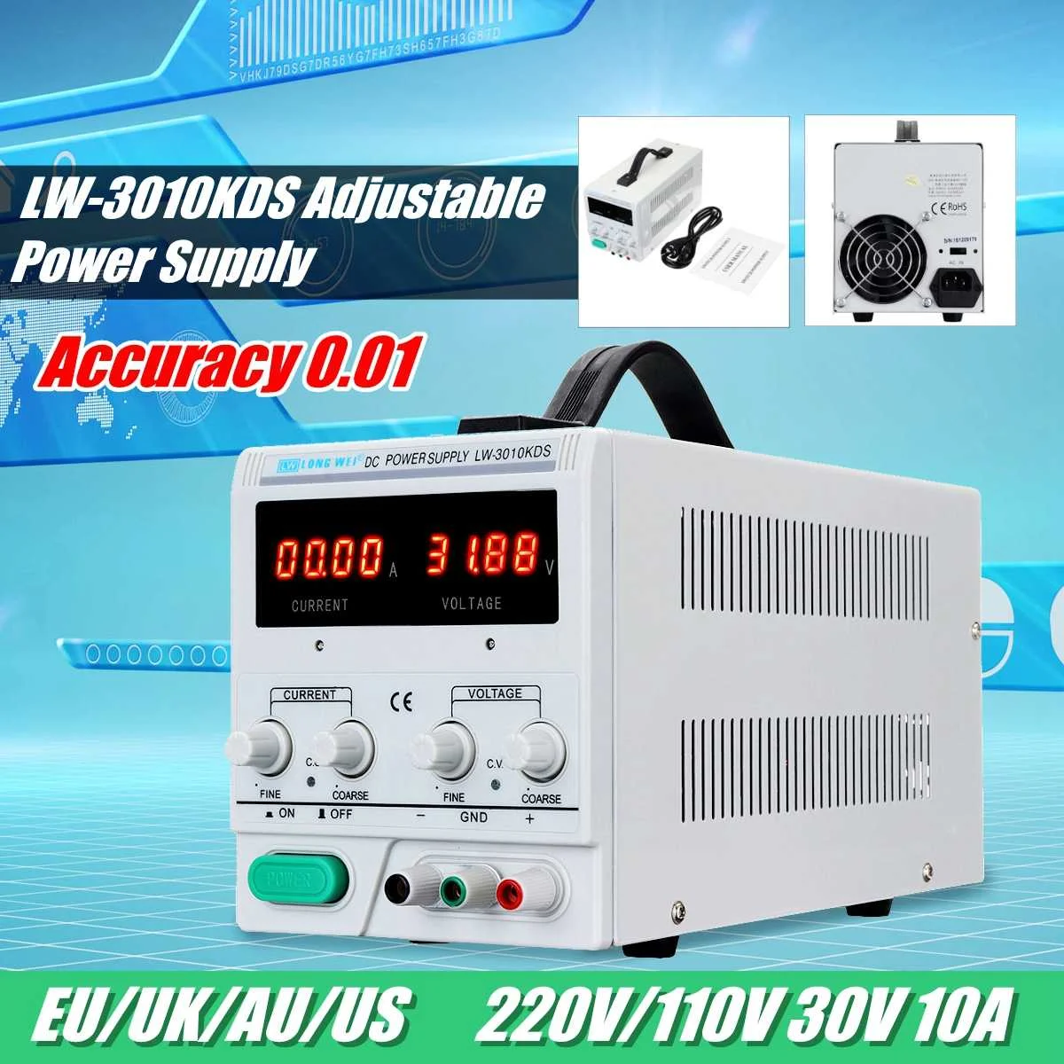 

30V 10A 110V/220V LED Display Adjustable Switching Regulator DC Power Supply Laptop Repair Rework Accuracy 0.01 Fine adjustment