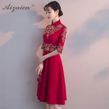 2019 Fashion Red Embroidery Chinese Dress Qipao Mini Cheongsam Gown Mandarin Collar Short Sleeve Traditional Women Wedding Dress new red embroidery flower female modern cheongsam elegant mandarin collar chinese style dress cotton long sleeve qipao l xxl