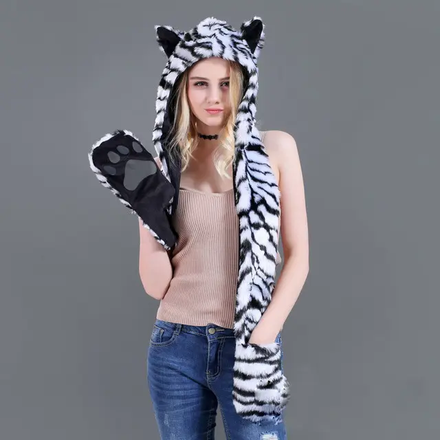 10 Styles Faux Fur Hood Animal Hat Ear Flaps Hand Pockets 3 in1 Animal Hat Wolf Plush Warm Earmuff Animal Cap with Scarf Gloves 2