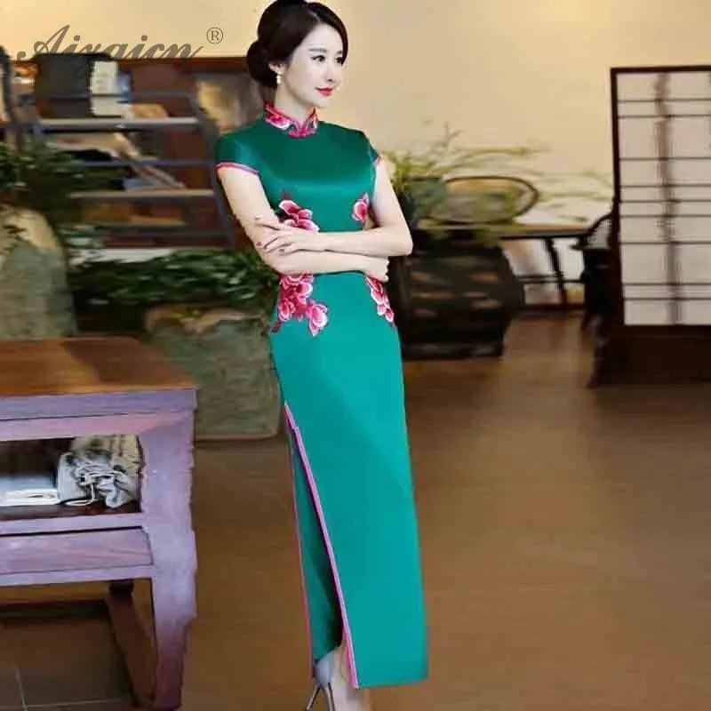 

Spring Summer New Embroidery Cheongsam Modern Green Long Dresses Oriental Evening Vintage Gown Chinese Traditional Dress Qipao