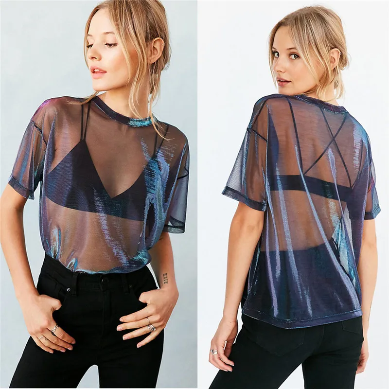 

2019 New Arrivals Summer Sexy Mesh T-Shirt Women Short Sleeve Shirt Crew Neck Women's Loose Transparent Tees Tops Hollow T Shirt