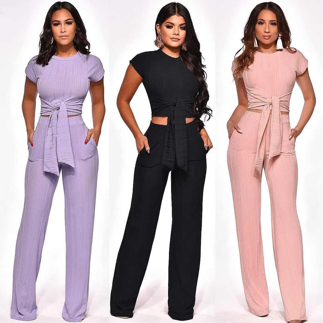 

Women Knit 2 Piece Set Solid Sexy Club Crop Top And Pants Sweat Two Piece Sets Summer Outfits Matching Sets