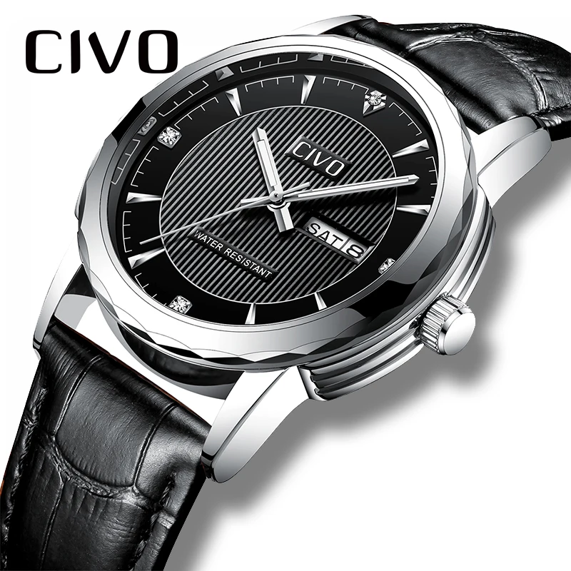 

CIVO Men Waterproof Date Calendar Analogue Watch Genuine Leather Watches Man Clock Black Business Casual Quartz Watches Gents