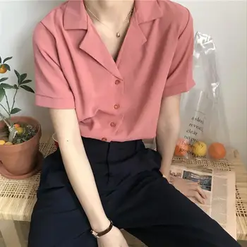 

New Summer Women Shirt Female Chiffon Short Sleeved fashion women blouses 2019 Pure Color Tailored Collar Shirt Tops Female