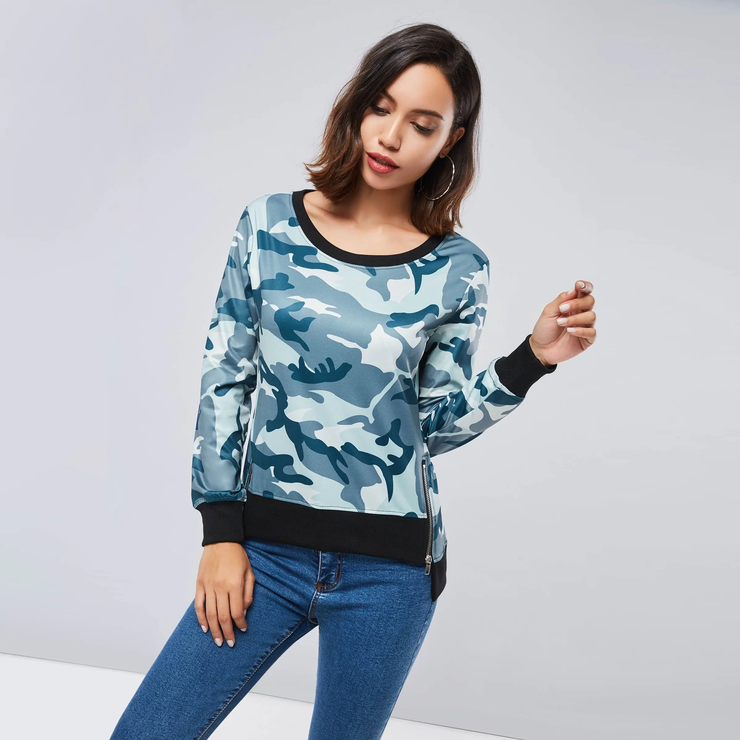 Autumn Sweatshirt Women Tops Slim Pullover Zipper Fashion Camouflage